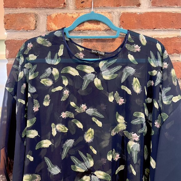 Sheer Layering Blouse - Navy with Feather Print (Green/Blush) - Spring Layering - Picture 2 of 9